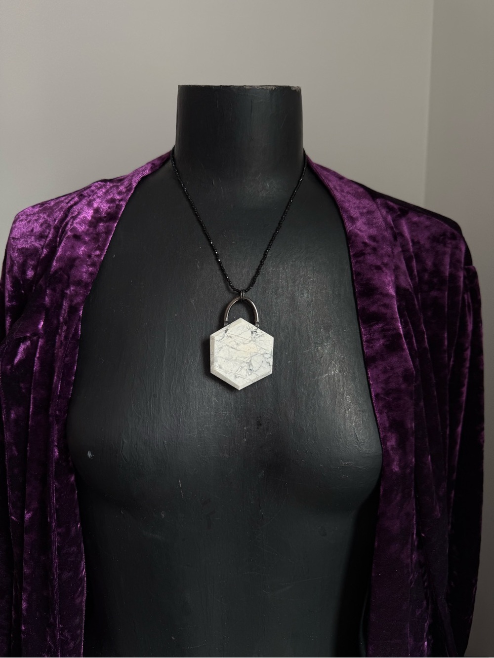 Hexagon Howlite Crystal Pendant Necklace with Black beaded Chain boho witchy
